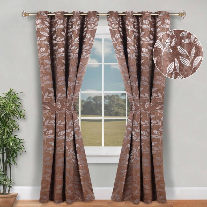 Superior Leaves Machine Washable Room Darkening Grommet With Ties Blackout Curtains, Set of 2