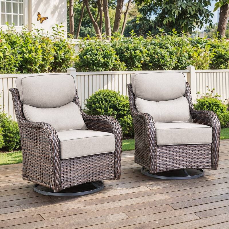 Outdoor Swivel Wicker Patio Chairs Set of 2 - Swivel Chair - Brown Rattan - Beige Cushion