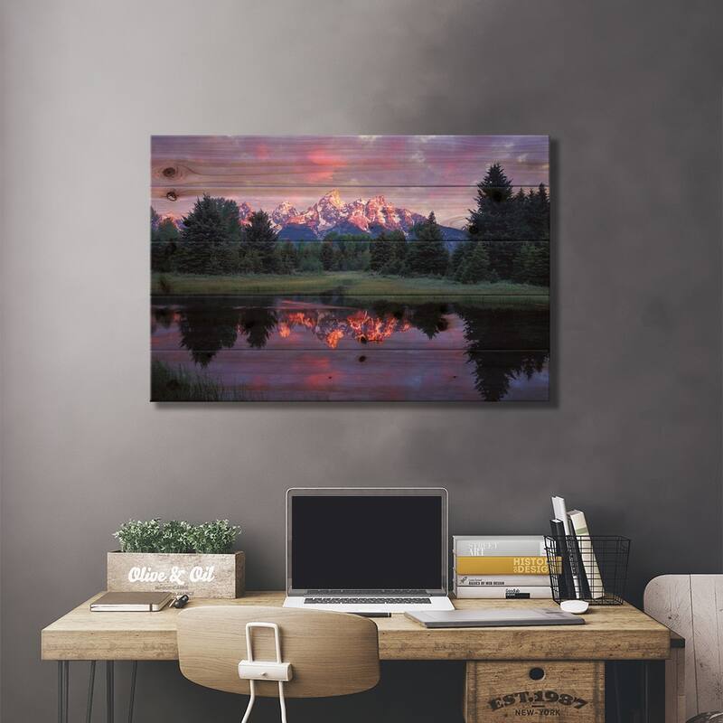 Teton Range At Sunrise, Schwabacher Landing, Grand Teton National Park, Wyoming Print On Wood by Tim Fitzharris - Multi-Color