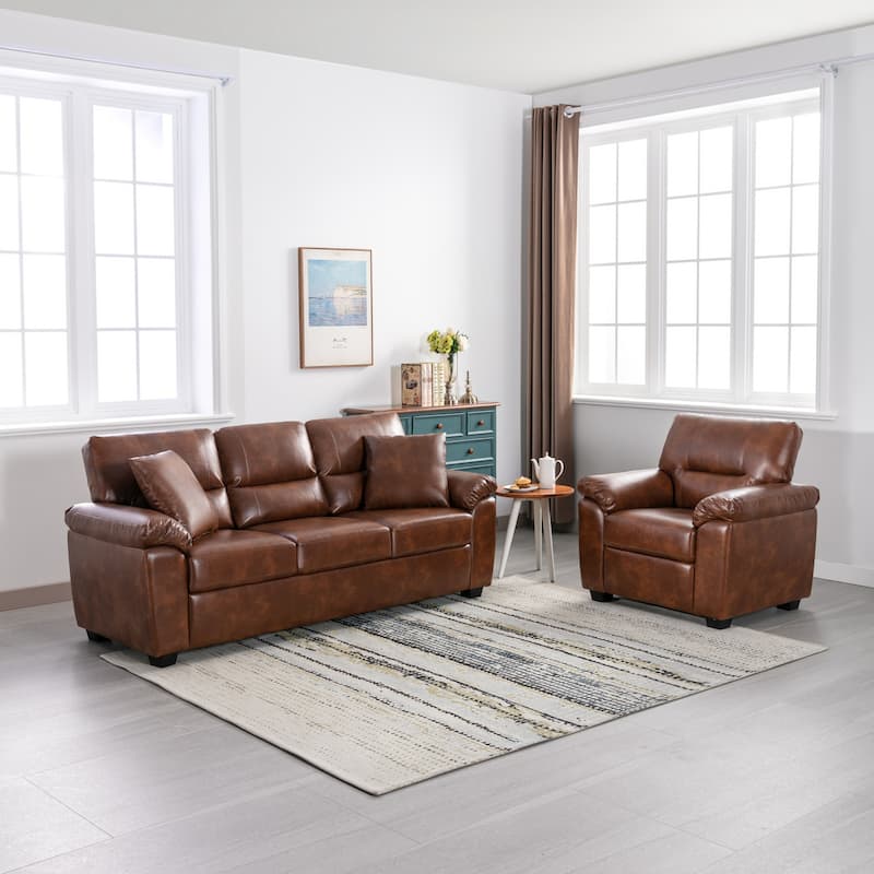 Morden Fort Upholstered Living Room Set, 2 Pieces, Faux Leather Chair, Sofa - Brown