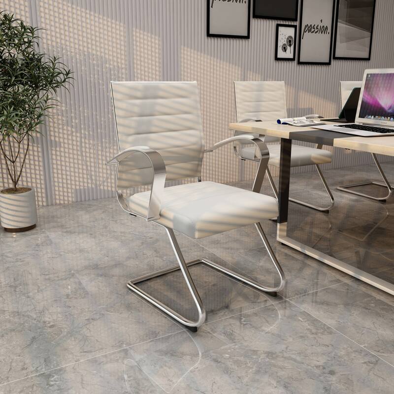 Benmar Modern Leather Office Chair with Stainless Steel Sled Base, Floor Caps, Ergonomic Desk Chair for Home Office or Workspace