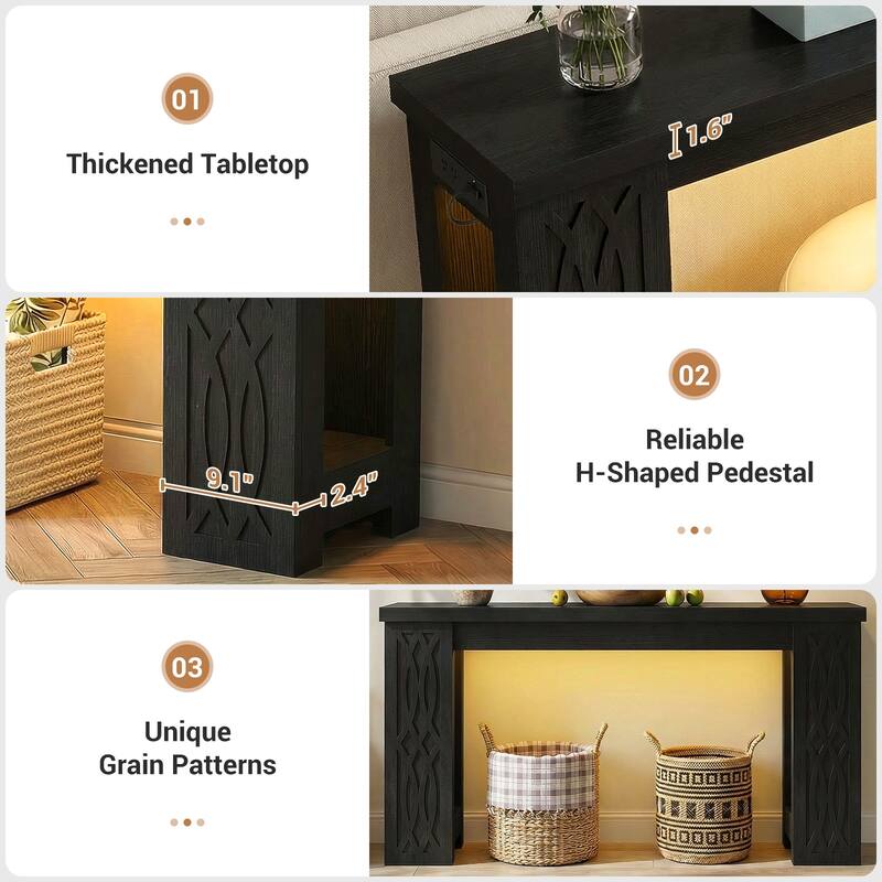 47" Farmhouse Console Table with RGB LED Light ＆ Power Outlets, Unique Carved Design Farmhouse Entryway Table Sofa Table