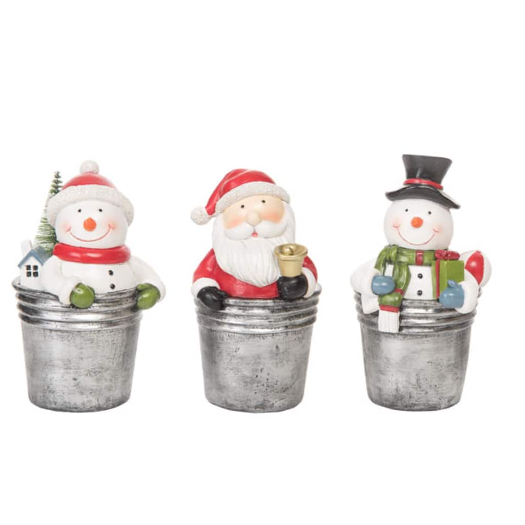 Transpac Resin Snowman/Santa In Bucket Figurine Set of 3 Christmas Home Decorations - Mutlicolor