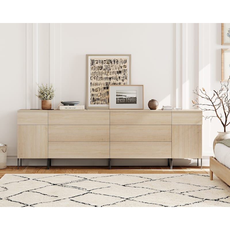 94.5" Modern Wood 8-Drawer Dresser With Reeded Design, Minimalist Dresser Organizer Storage - Beige