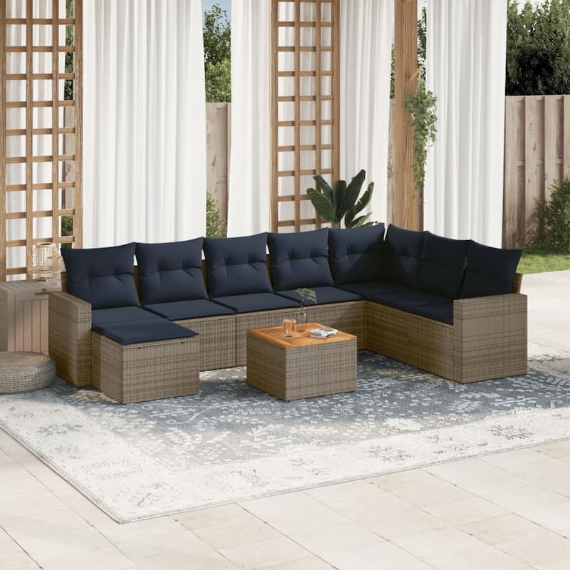 vidaXL 9 Piece Patio Sofa Set with Cushions Black Poly Rattan - 24.4" x 24.4" x 27.2" - Grey