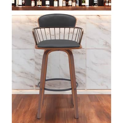 30" Black And Wood Brown Faux Leather Swivel Low Back Bar Height Bar Chair