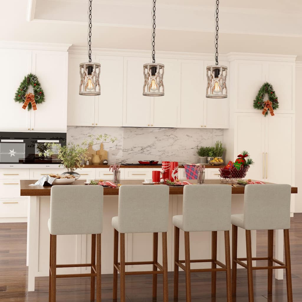 Farmhouse 1-Light Rustic Wood Pendant Light for Kitchen Island Dining Room - 6'' L x 6'' W x 11'' H