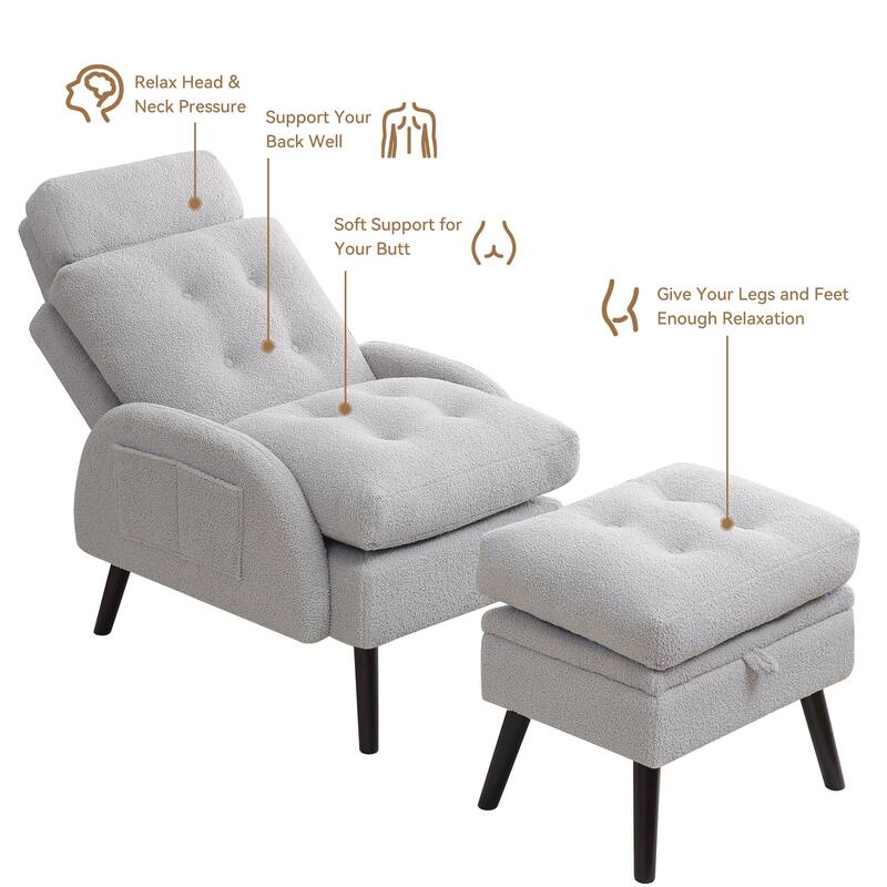 HOMYKA Upholstered Chaise Lounge Chair with Adjustable Backrest Storage Ottoman