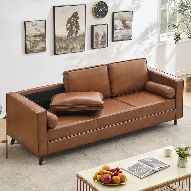 81" Leather Sofa, Mid Century Modern Deep Seat Couch, Upholstered Cushion&Removable Cover, Brown PU Couch