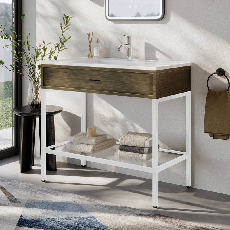 Ansel Freestanding Bathroom Vanity with Single Sink, One Glass Shelf, Metal Legs