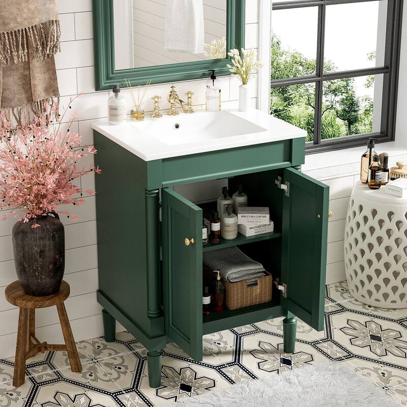 24 Inch Bathroom Vanity with Ceramic Top Sink, Freestanding Single Sink Vanity with Storage Shelves, Modern Style