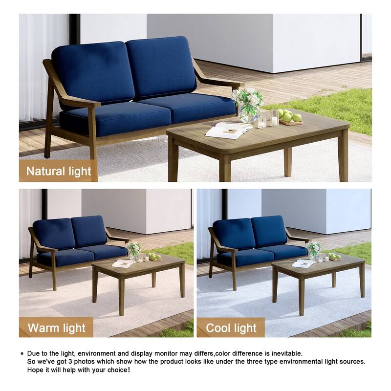 Outdoor Wood Teak Cushioned Patio 2 Seater Loveseat with Coffee Table