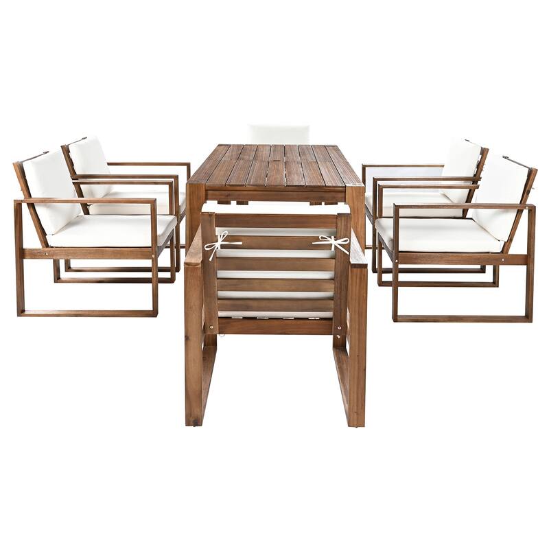 7-Piece Outdoor Patio Dining Table and Chairs Set with Umbrella Hole & Removable Cushion