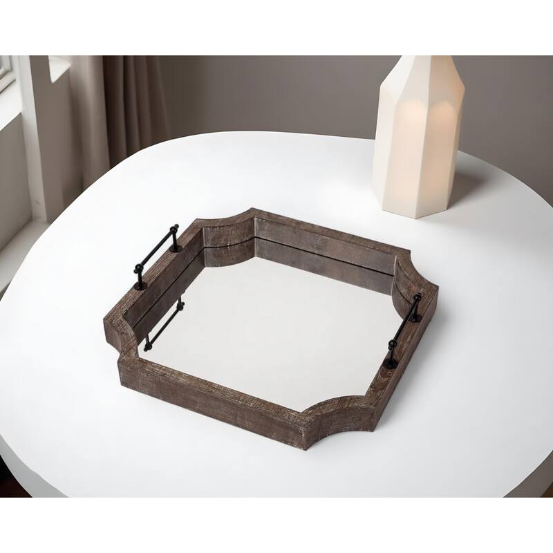 HomeRoots 23" Brown Hexagonal Wood and Mirrored Glass Serving Tray With Handles - Brown