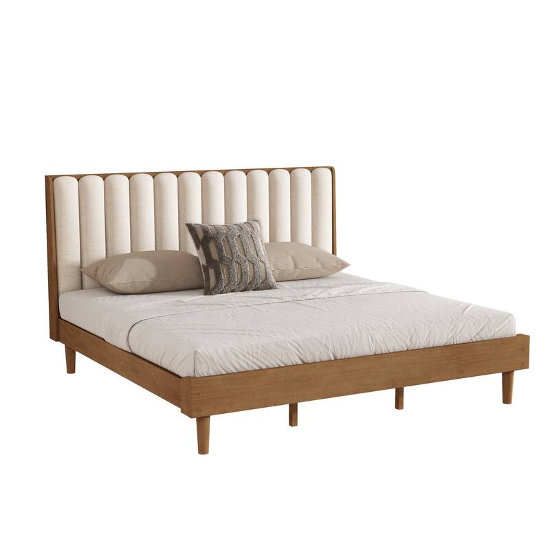 Wheat Wooden Bed Frame with Piano Key Style Upholstered Headboard, Strengthened Bed Frame Slat Support
