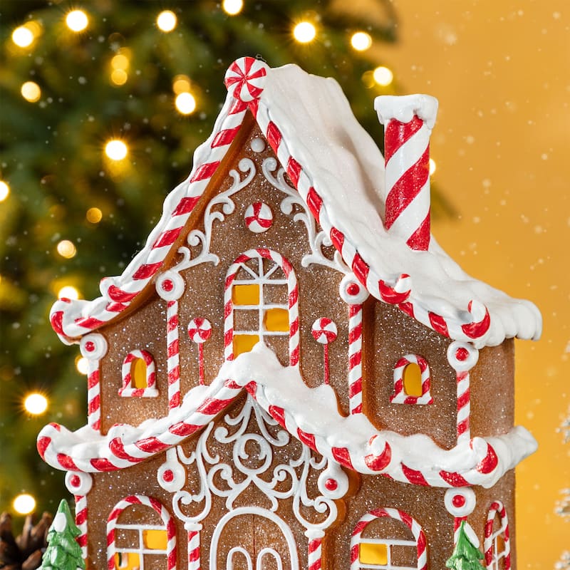 Glitzhome Lighted Christmas Gingerbread House Resin Village Xmas Table Decor Collectible Figurines