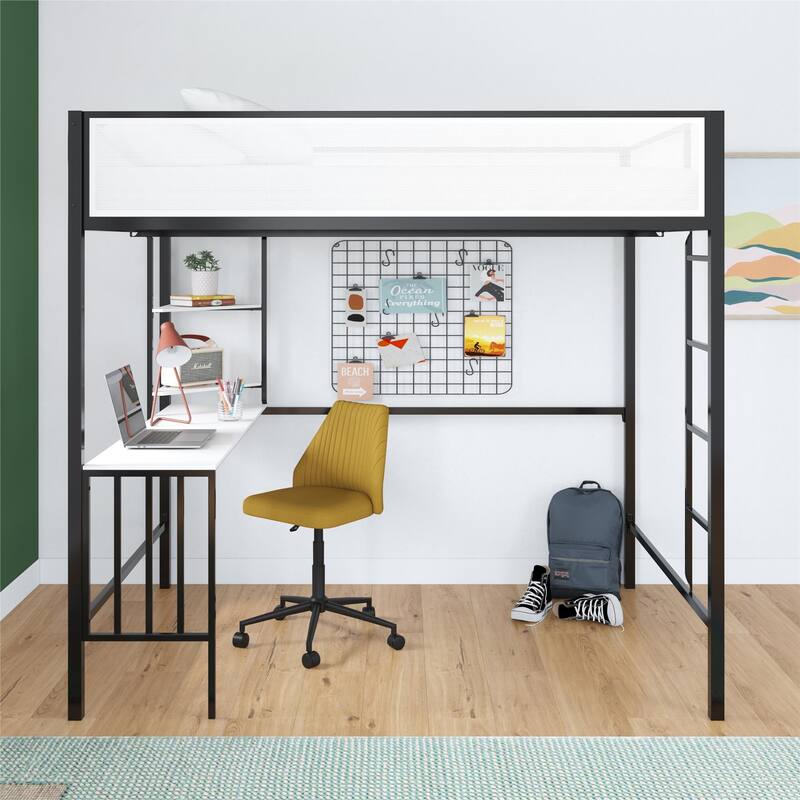 Full Loft Bed with Desk and Shelves for Kids and Teens, Space-Saving Design with Study Area and Storage - Black