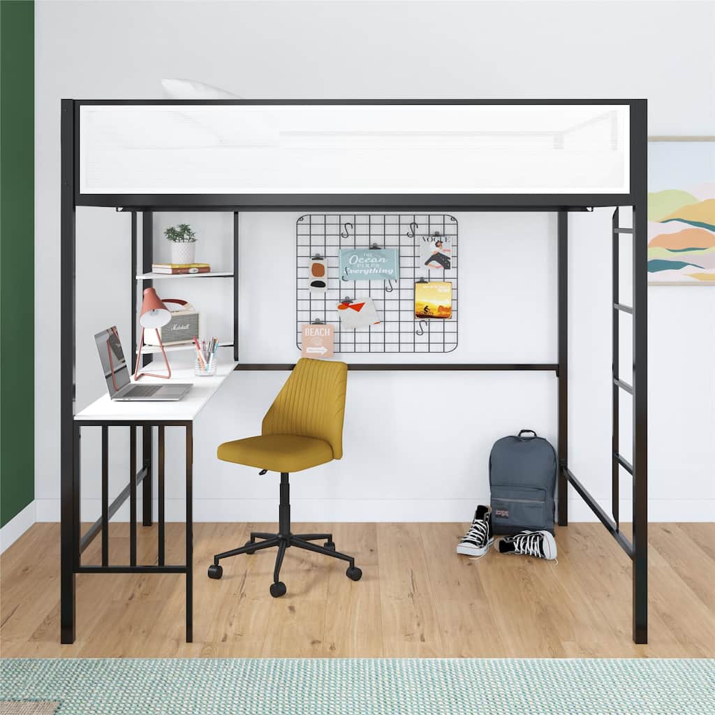 Full Loft Bed with Desk and Shelves for Kids and Teens, Space-Saving Design with Study Area and Storage