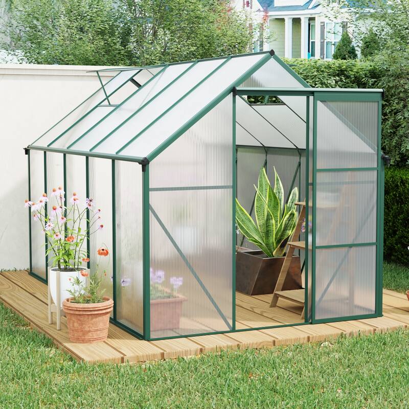 GDF Studio - Ossian Outdoor Aluminum Polycarbonate Greenhouse with Raised Base and Walk-In Design - Aluminum
