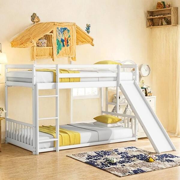 slide 2 of 13, Solid Pine Wood Bunk Bed, Convertible Ladder and Slide, Twin Over Twin White