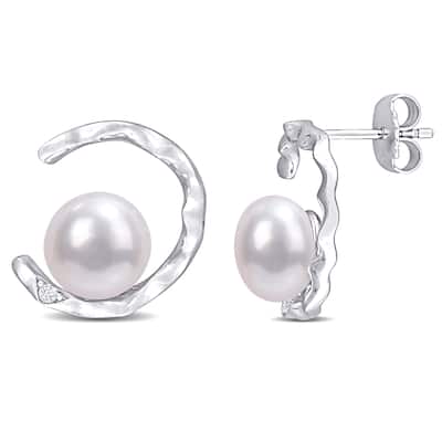 Miadora Sterling Silver Cultured FW Pearl and Created White Sapphire Drop Earrings (7.5-8mm)