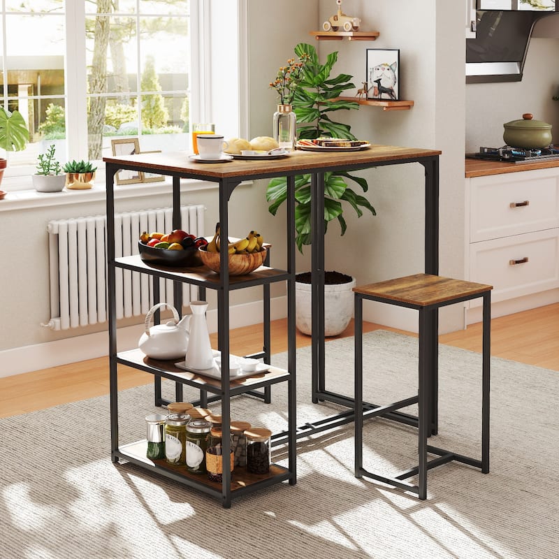 3-Piece Bar Height Table and Stools Set Metal Frame MDF Top with Side Storage for Kitchen - 44" x 24" x 44"(L x W x H)