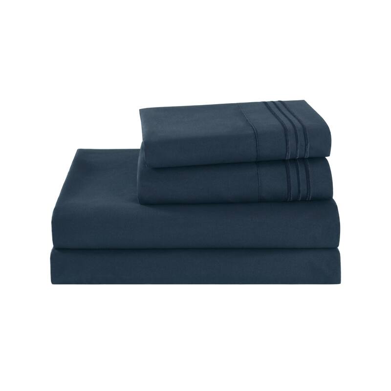 3/4 Pcs Soft Solid & Embroidery Bed Sheets Set - Queen - Navy Blue