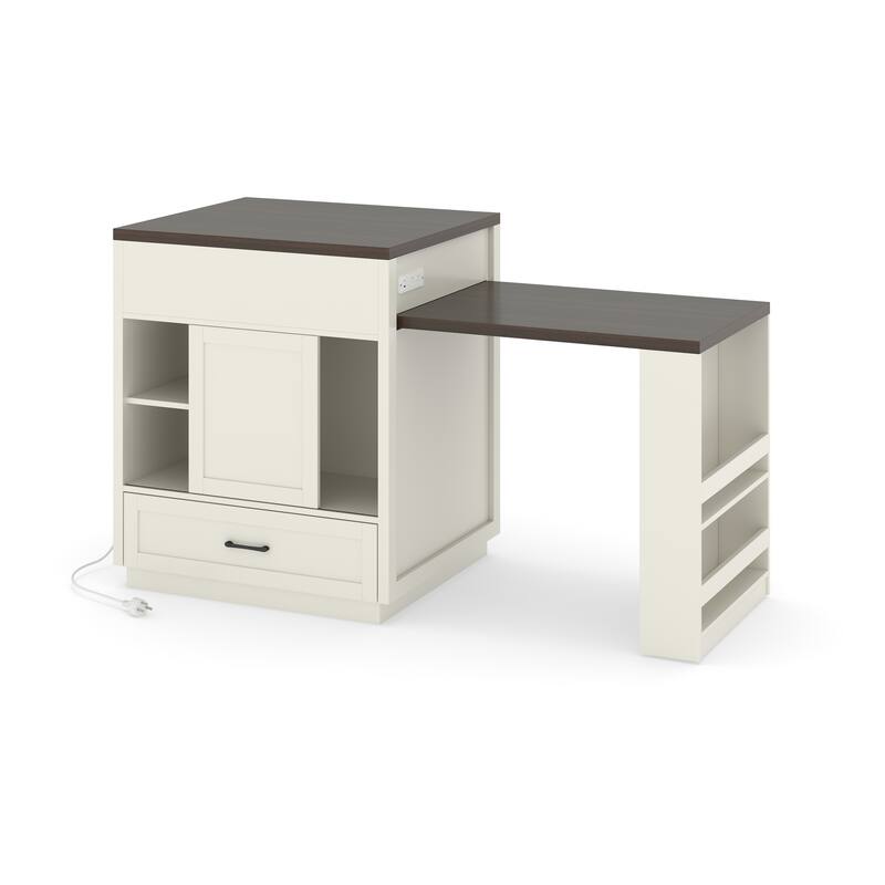 83.1"Extendable Kitchen Island with Slide Out Table and Storage Racks,Kitchen Island with Tempered Glass Doors,Power Outlet
