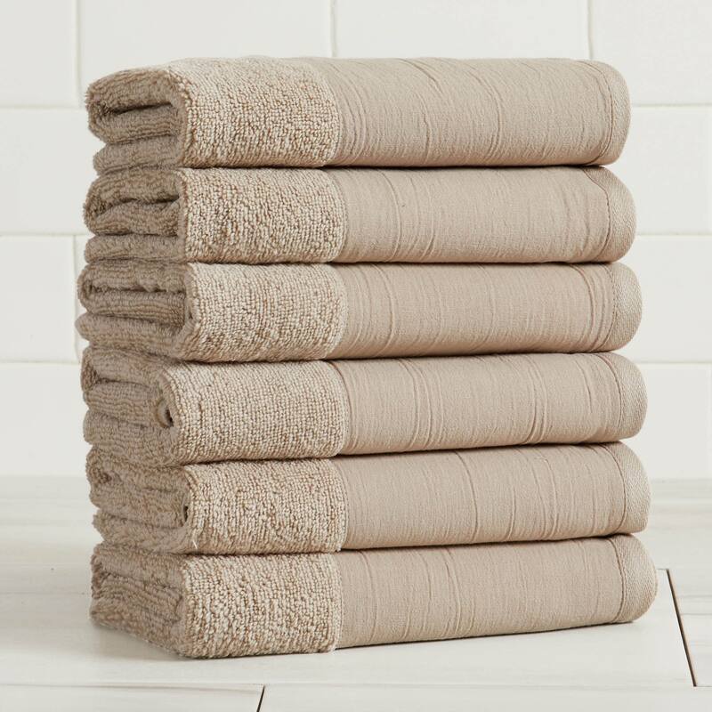 Linery & Co. Ultra-Soft Cotton and Linen Like Border Towel Set - Stone - Hand Towel (Pack of 6)
