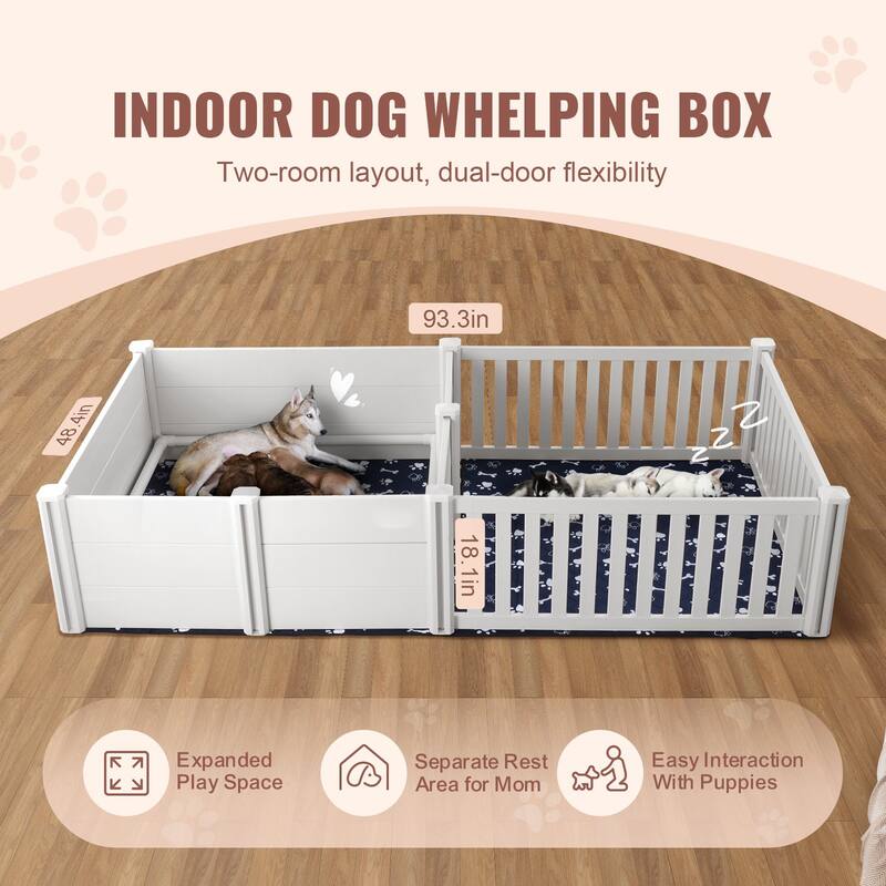 White PVC Double Room Whelping Box with Rails Pee Pad Ideal for Indoor Dogs