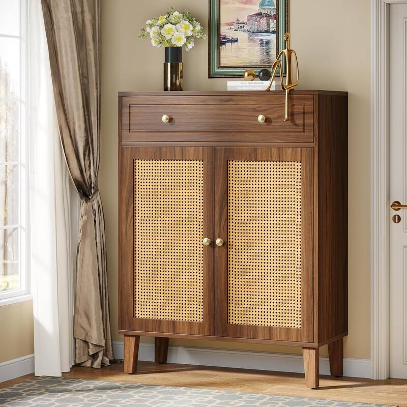 Shoe Cabinet with Doors and Drawer, Modern Rattan Shoe Storage Cabinet for Entryway, Mint Green