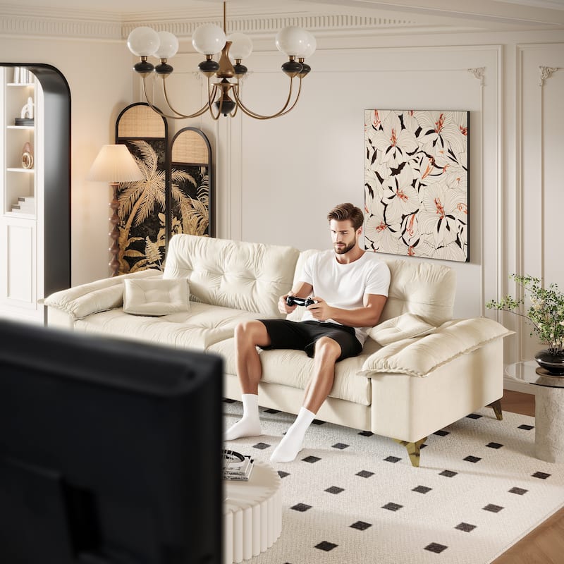 104.7" Modern Sectional Sofa with Tufted Design, Removable Armrests, Metal Legs & 2 Pillows, Chenille Upholstered Couch