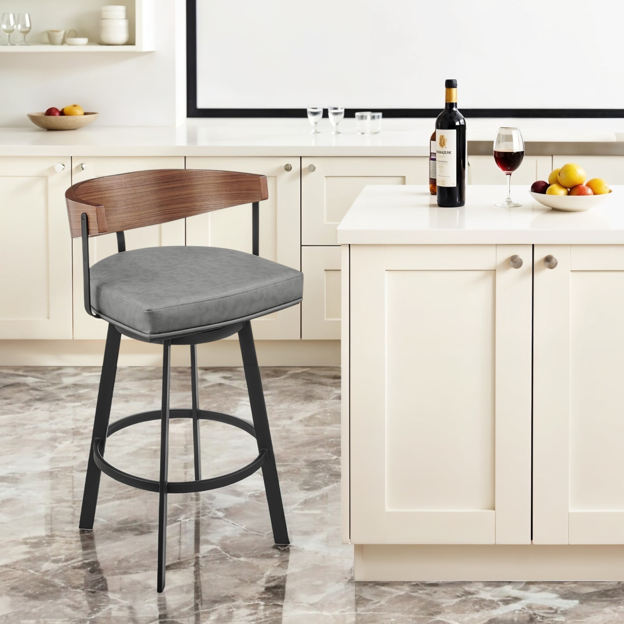 HomeRoots 30" Gray Brown and Black Faux Leather and Iron Low Back Bar Height Swivel Bar Chair