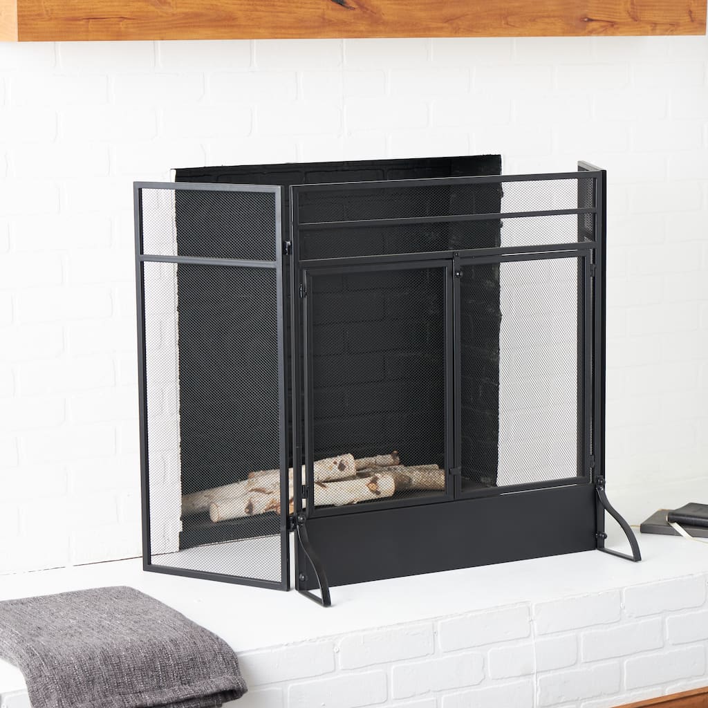 Black Metal Minimalistic 3 Panel 2 Door Geometric Fireplace Screen with Mesh Backing