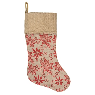 20" Tan and Red Rustic Burlap Poinsettia Christmas Stocking