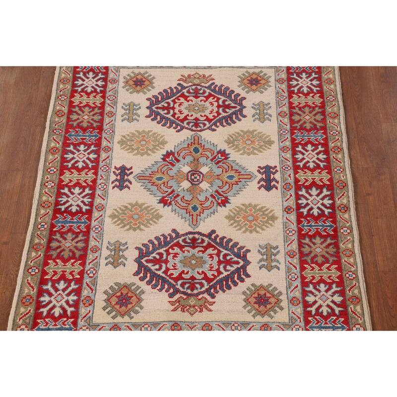 Geometric Ivory Kazak Oriental Accent Rug Hand-Knotted Wool Carpet - 3'5"x 4'11"