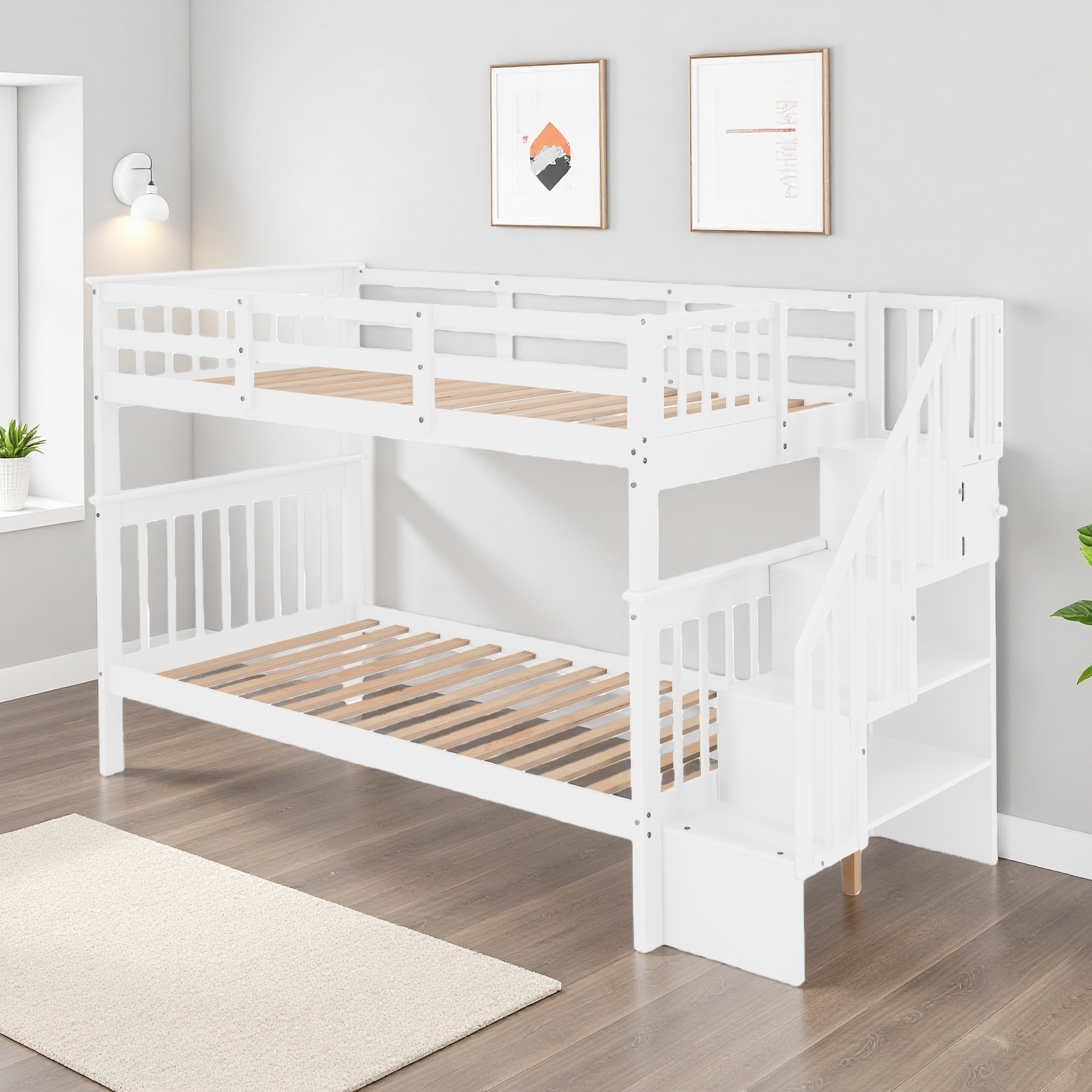 Twin-Over-Twin Solid Wood Bunk Bed with Storage Staircase and Guard Rail