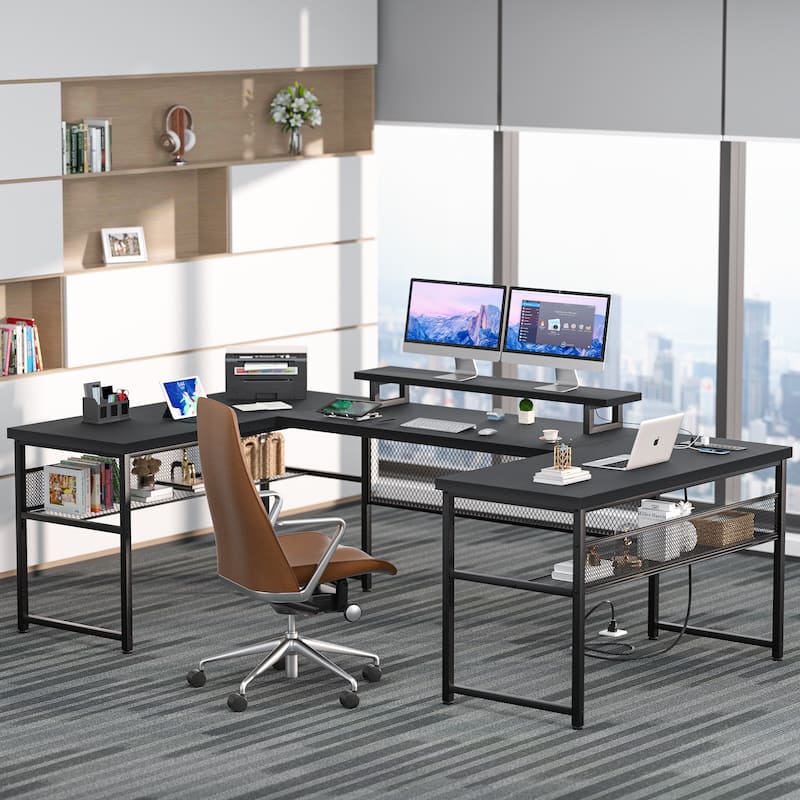 3-in-one U-Shape Computer Desk with Charge Station, Office Corner Desk with Monitor Stand