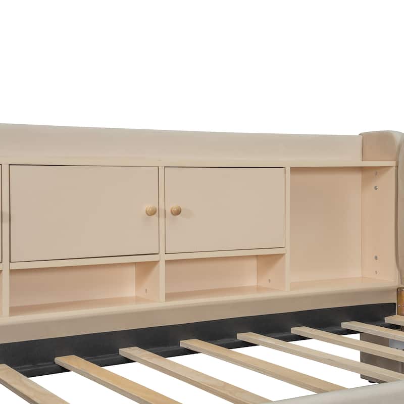 Twin Size Daybed with Storage - Built-in Side Table, 2 Drawers and Flip-Top Cabinets, Space-Saving Design