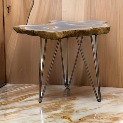 20 Inch Side Accent Table, Natural Edges, Hairpin Legs, Gray Resin, Brown