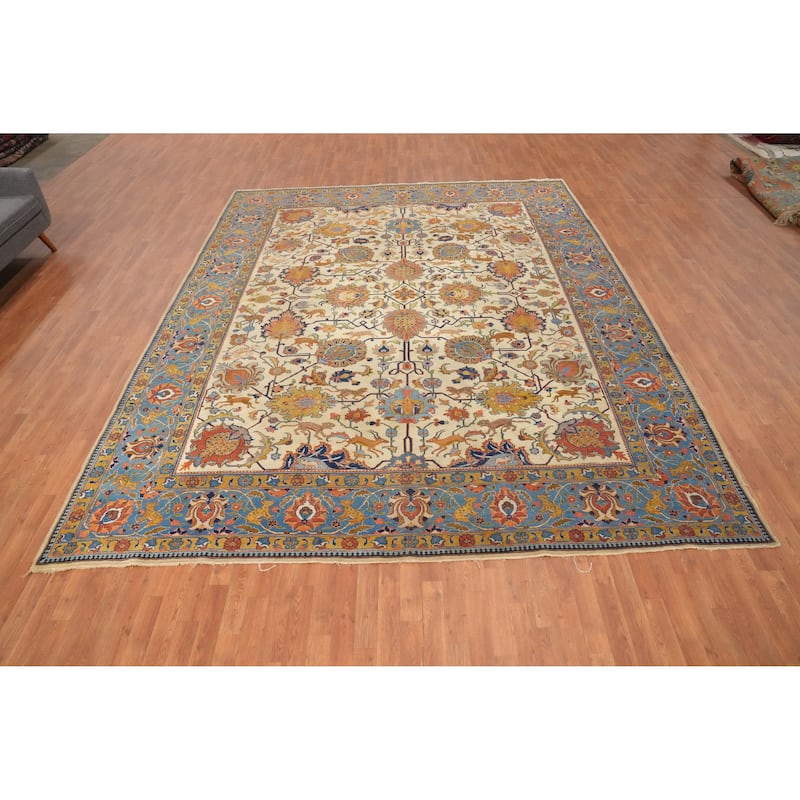 Hand Knotted Oriental 100% Wool Carpet Traditional All-Over Beige & Ivories Tabriz Area Rug - 12' 11'' X 10' 3''