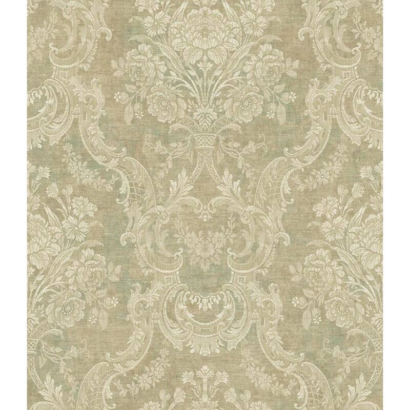 Seabrook Designs Elena Damask Unpasted Wallpaper - 20.5 in. W x 33 ft. L - Metallic Champagne & Teal Mist