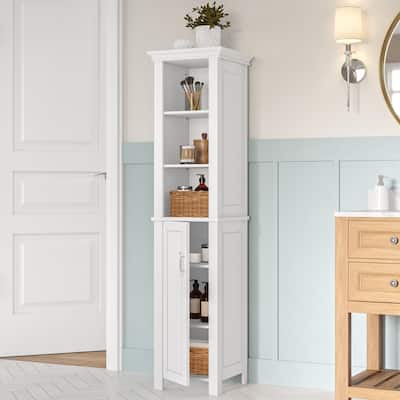 RiverRidge Somerset Single Door Tall Bathroom Cabinet Storage Organizer with an Open and Adjustable Shelves - White