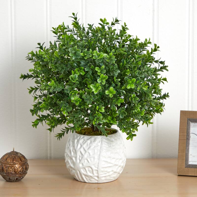 Artificial Evergreen Plant in White Vase - Indoor Outdoor Decor - City Sleek Faux Greenery - Green