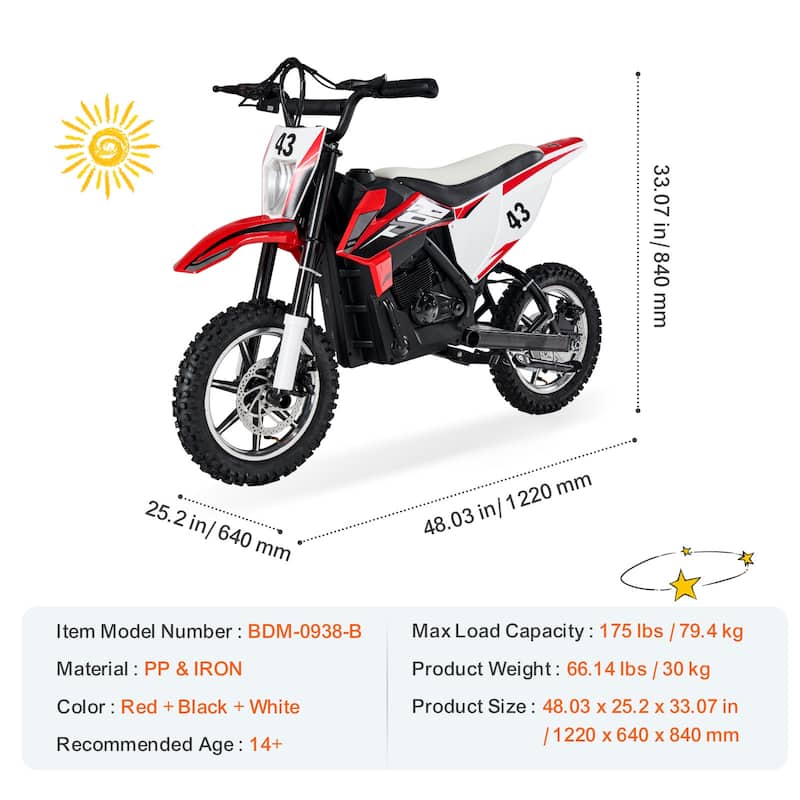 36V Electric Ride On Motorcycle for Kids Ages 14+, with LED Lights  - Red