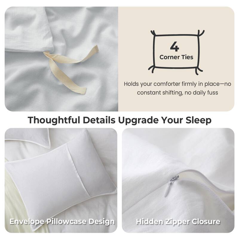 Flax Linen Cotton Blend Duvet Cover Set, Durable, Breathable and Moisture-Wicking, 3 Piece Bedding Set