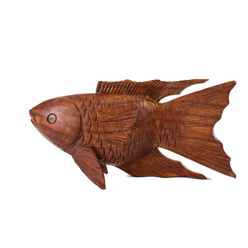 Wooden Hand Carved Koi Fish Statue Figurine Sculpture Art Home Decor Accent Handmade Handcrafted Seaside Tropical Nautical - 8" long x 4" tall x 2" deep
