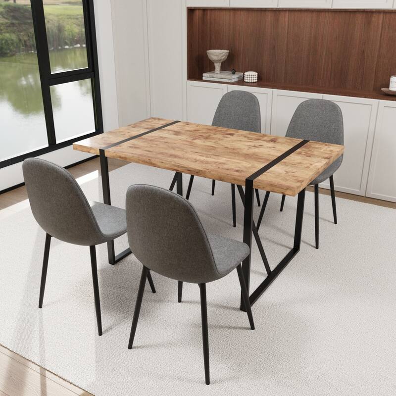 Modern Style 5-Piece Dining Set with Rectangular MDF Dark Wood Table and 4 Round Corner Suede Dining Chairs