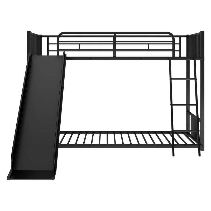 Twin Over Twin Bunk Beds w/Built-in Ladder, Metal Frame Twin Over Twin Bedframe with Slide & Guardrail, No Box Spring Needed