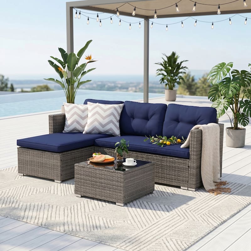 L-Shaped Outdoor Sectional Sofa, PE Wicker Patio Sofa Set with Table and Cushions - Navy/Grey